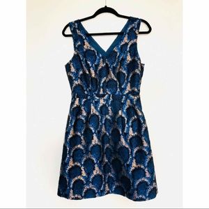 J Crew Navy Gold Peacock Print Dress